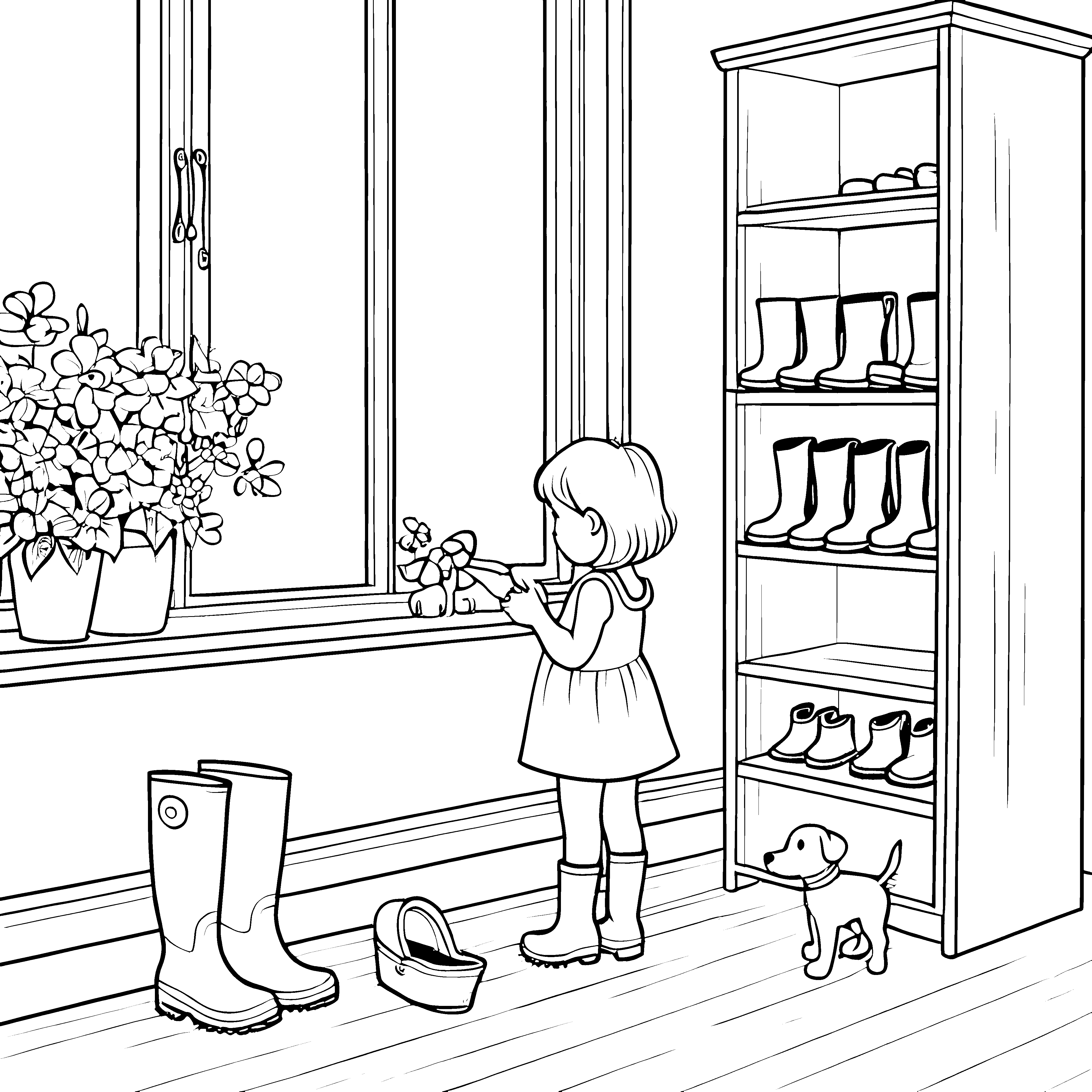 Bunter Schuhschrank mit fröhlichen Gummistiefeln Ausmalvorlage für kleine Gartenfreunde
