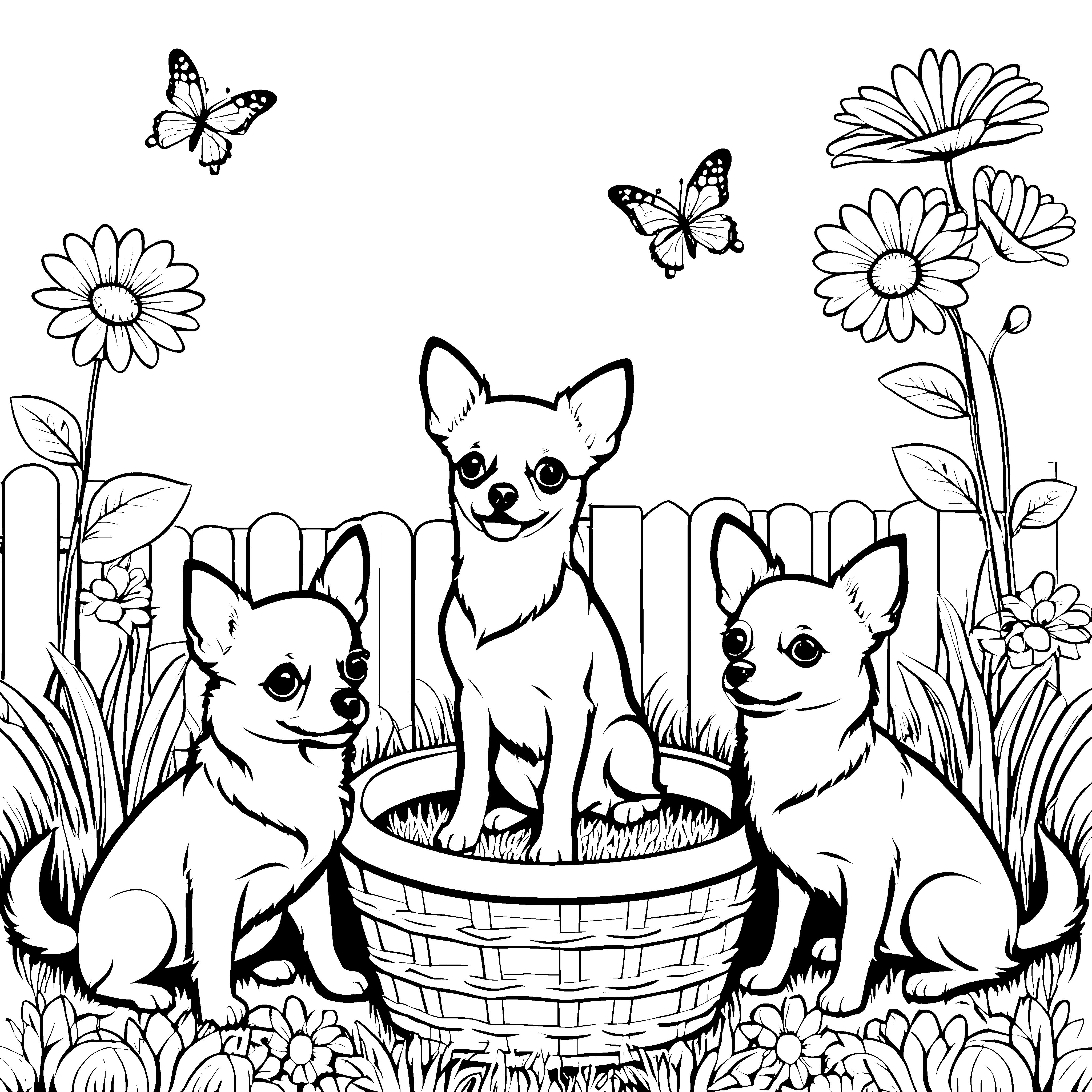 Drei liebenswerte Chihuahuas im bunten Garten Ausmalvorlage für kreative Tierfreunde