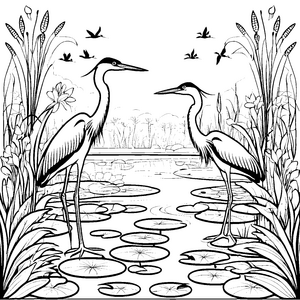 Majestätische Störche am friedlichen Wasser Ausmalbild für neugierige Naturfreunde
