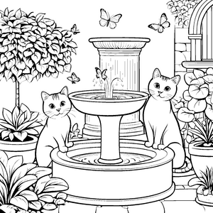 Zwei neugierige Schmusekatzen am frohen Brunnen Ausmalvorlage für fantasievolle Tierfreunde