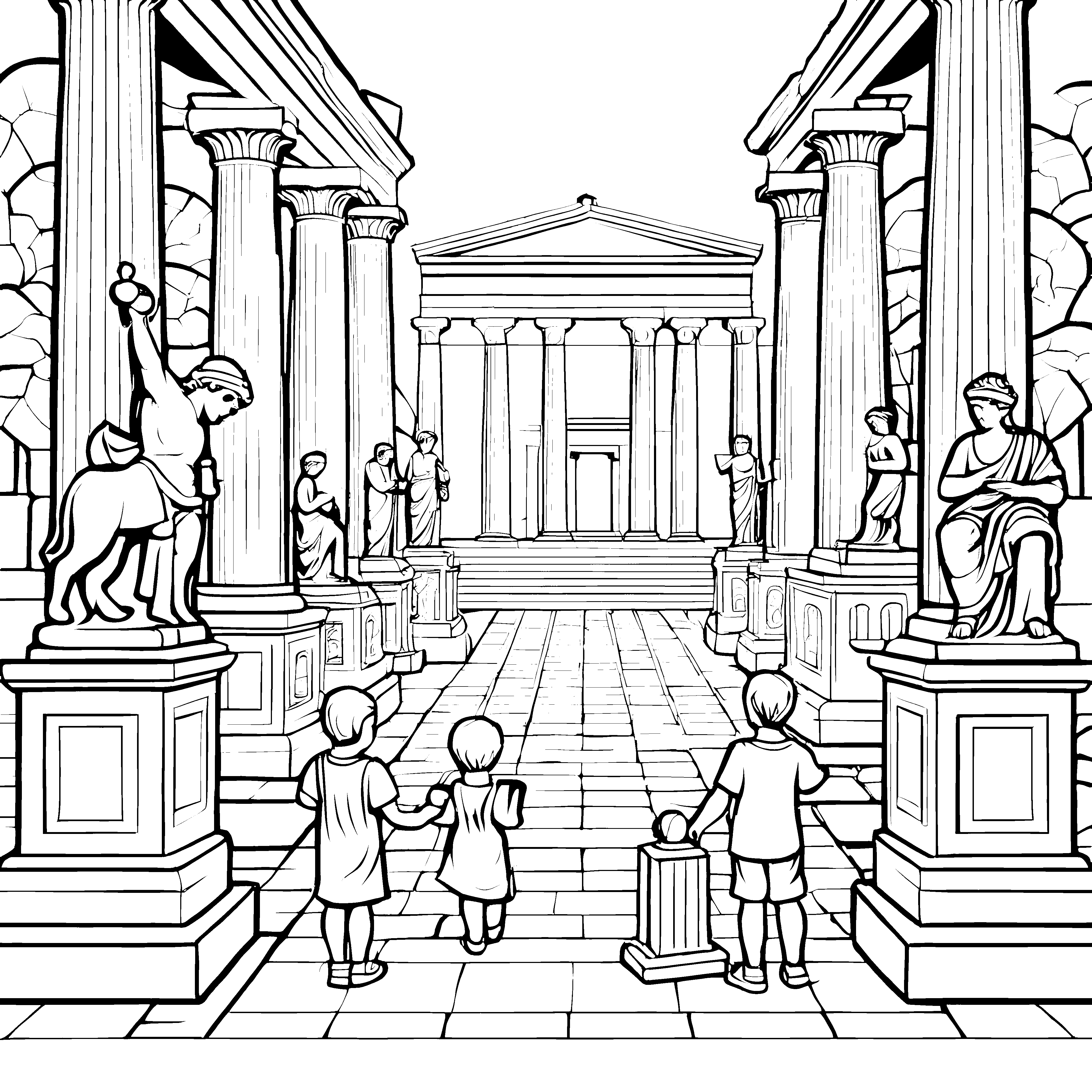 Beeindruckende Statuen im antiken Tempel Ausmalvorlage für neugierige Kinder