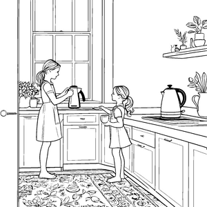 Begeisterte Kinder beim Teezubereiten mit dem Wasserkocher Ausmalvorlage für kreative Küchenkünstler