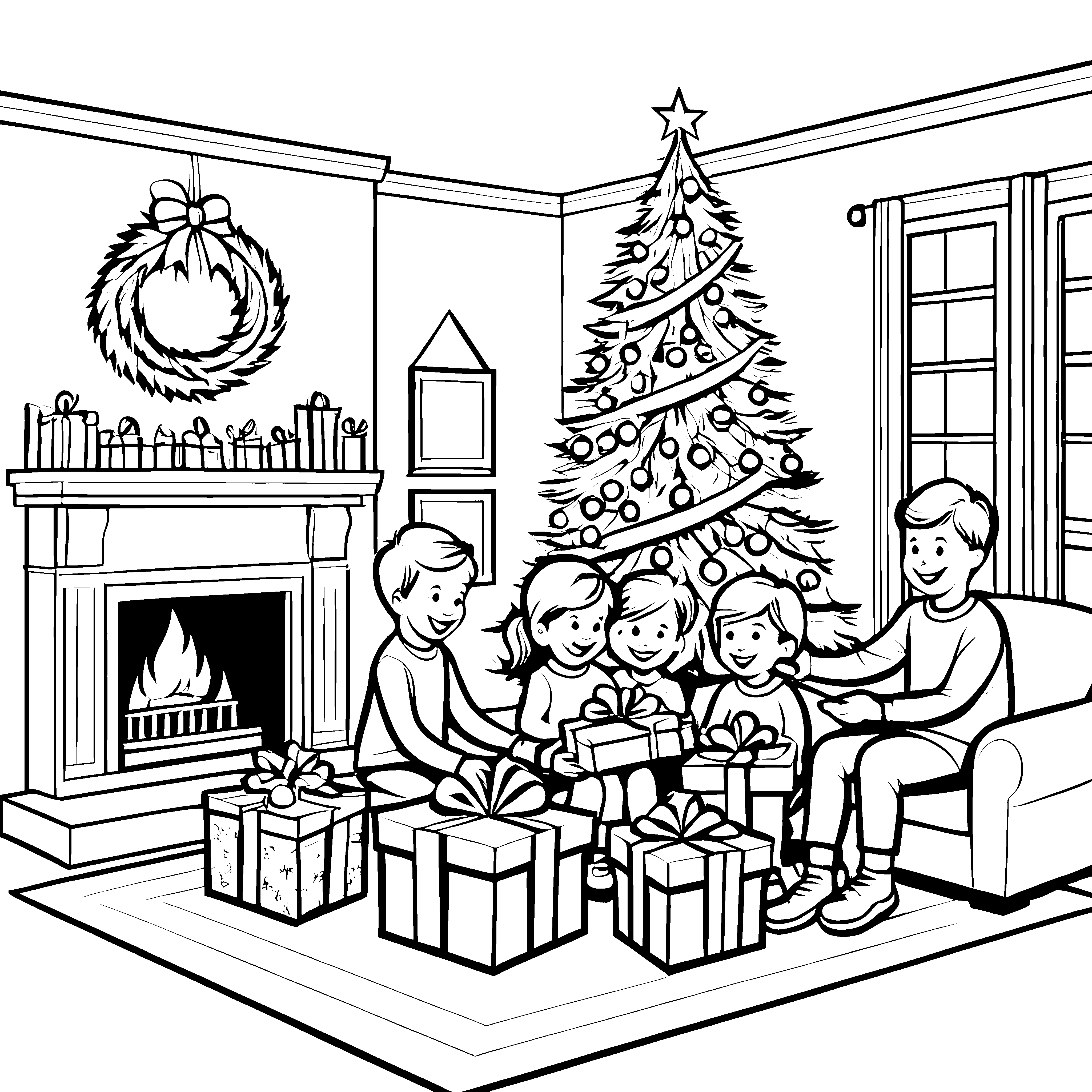 Fröhliche Kinder beim Geschenkeauspacken im Wohnzimmer Ausmalvorlage für jubelnde Weihnachtsfreunde
