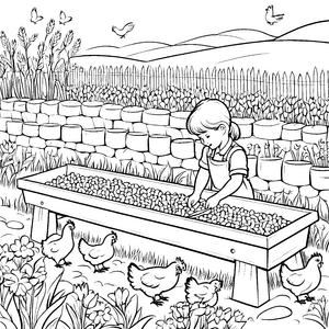 Frohes Hühnerfutter im bunten Garten Ausmalbild für kleine Naturfreunde