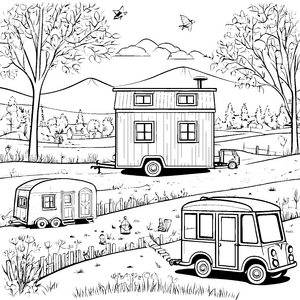 Bunter Wohnwagen-Abenteuer auf malerischer Wiese Ausmalbild für neugierige Entdecker