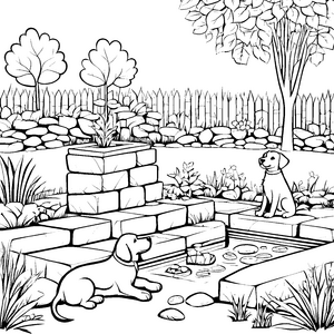 Harmonischer Gartenzaun mit treuen Hunden Ausmalvorlage für neugierige Tierfreunde