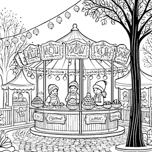 Bunte Leckereien auf dem Weihnachtsmarkt Ausmalvorlage für fröhliche Weihnachtsfreunde