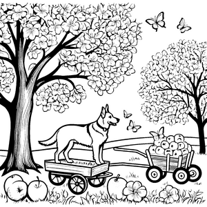 Witziger Hofhund auf buntem Obstwagen Ausmalvorlage für fröhliche Naturentdecker