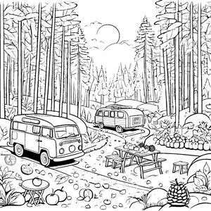 Abenteuerlicher Wohnwagen-Ausflug im Wald Ausmalbild für neugierige Entdecker