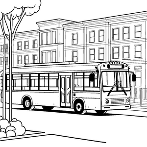Faszinierender Stadtbus vor moderner Architektur Ausmalbild für neugierige kleine Entdecker