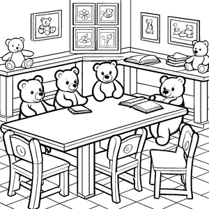 Gemütliche Teddybären bei einer Bastelrunde Ausmalvorlage für kreative Freundinnen