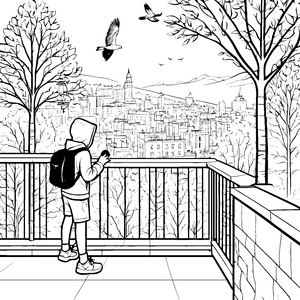 Spannender Blick vom Balkon über die Stadt Ausmalbild für kleine Entdecker