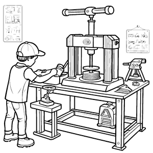 Kreative Hydraulikpresse in der Werkstatt Ausmalvorlage für neugierige Erfinder