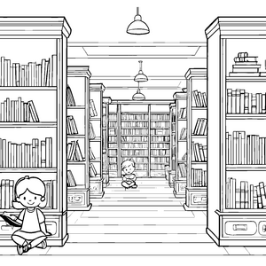 Fantasievolles Bücherregal mit neugierigen Lesern Ausmalvorlage für kleine Entdecker