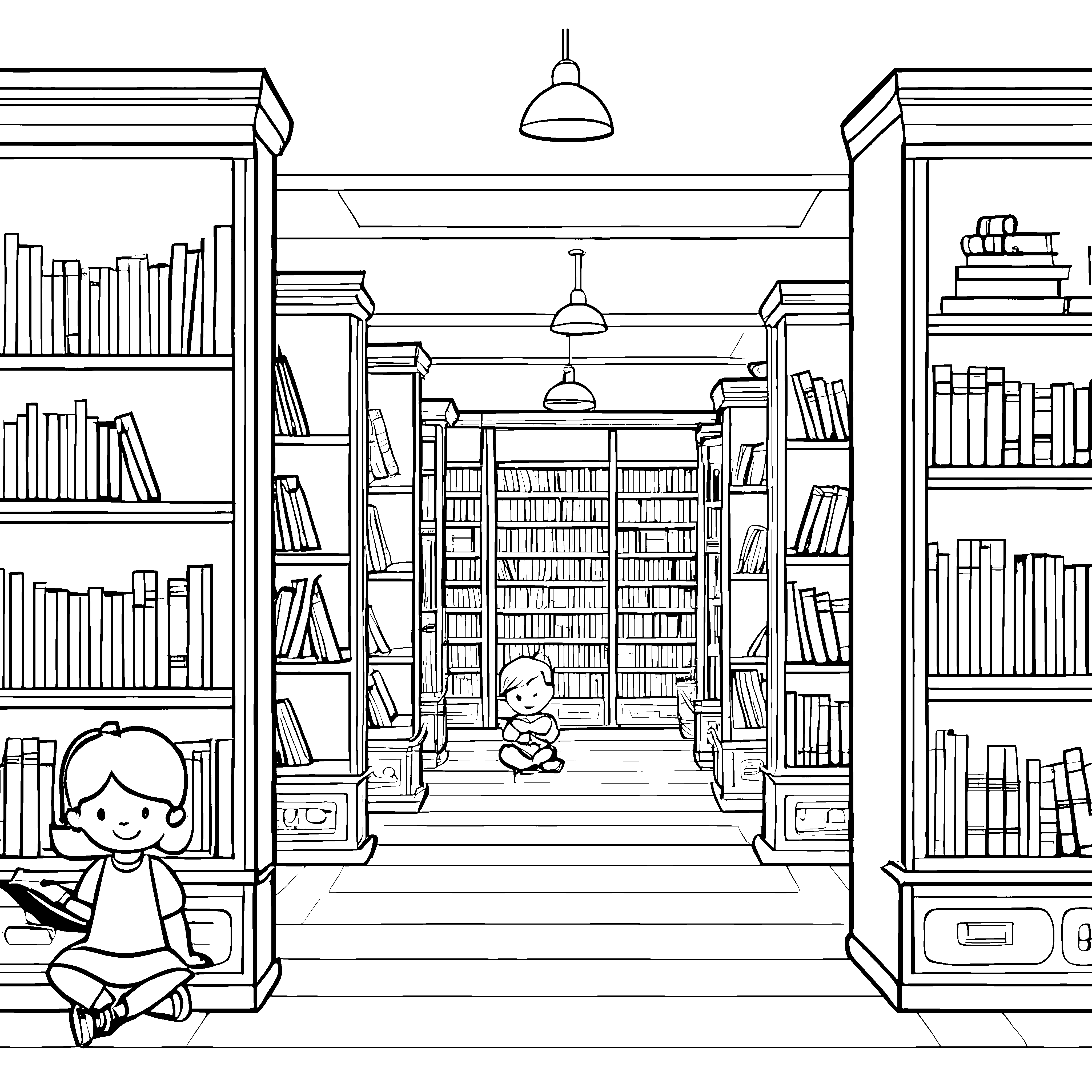 Fantasievolles Bücherregal mit neugierigen Lesern Ausmalvorlage für kleine Entdecker