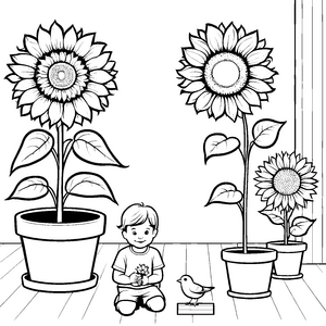 Blühende Sonnenblumen im bunten Blumenkübel Ausmalvorlage für kleine Gartenliebhaber