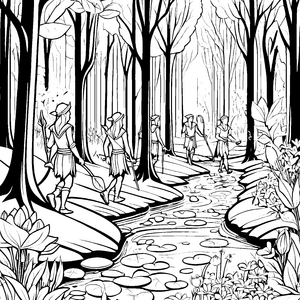 Elfenhafte Waldwanderer am glitzernden Bach Ausmalvorlage für fantasievolle Entdecker