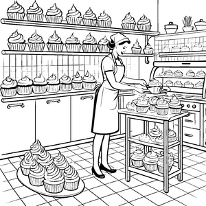 Glückliche Konditorin mit himmlischen Cupcakes Ausmalvorlage für kleine Genusskünstler