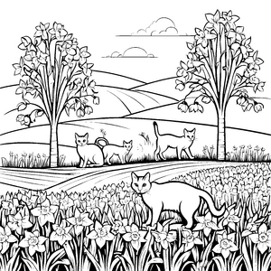 Bauernhofkatzen entspannt im bunten Blumenfeld Ausmalbild für fröhliche Tierfreundinnen