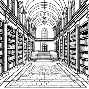 Faszinierende Bibliothek mit hohen Regalen Ausmalbild für wissbegierige Bücherfans