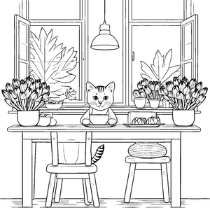 Süße Katze im Garten mit grünen Artischocken Ausmalmotiv für kreative Naturfreunde