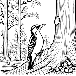 Lebhafter Specht am knorrigen Baum Ausmalbild für abenteuerliche Entdecker