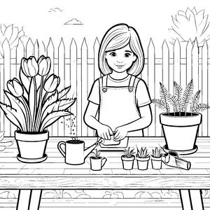 Fröhlicher Kindergärtner beim Pflanzen im bunten Blumenkübel Ausmalbild für kleine Naturfreunde