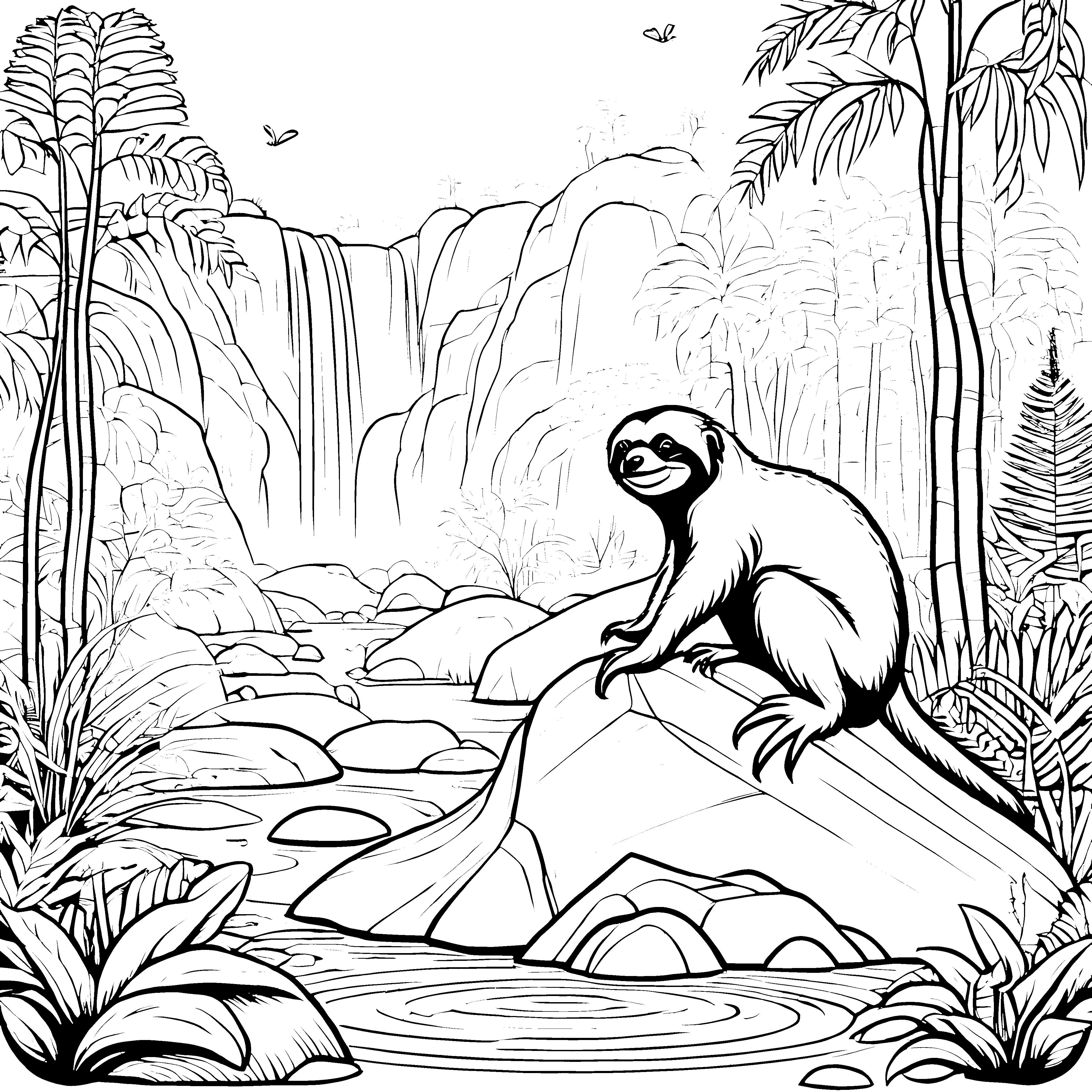 Entspanntes Faultier am Wasserfall Ausmalbild für kleine Naturfreunde