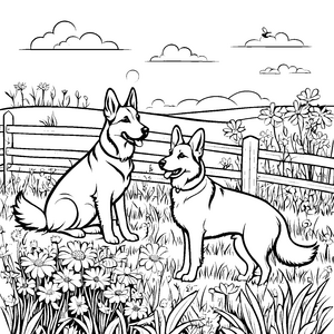 Freundliche Hofhunde im blühenden Garten Ausmalmotiv für neugierige Tierfans