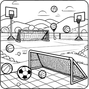 Bunte Sportbälle im aufregenden Spielareal Ausmalbild für aktive Träumer
