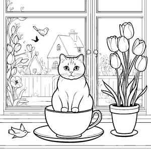 Schicke Britisch Kurzhaar Katze in Tasse Ausmalvorlage für kreative Tierfreunde