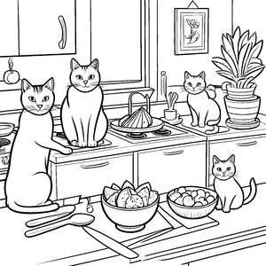 Küchenabenteuer mit vier neugierigen Katzen Ausmalmotiv für kreative Tierfreunde