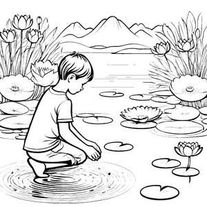 Faszinierende Lotusblüten am ruhigen Teich Malvorlage für junge Naturforscher