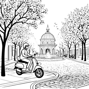 Nachdenkliches Moped fährt durch blühende Straßen Ausmalbild für kreative Stadtentdecker