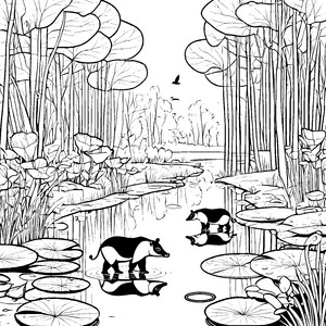 Tapire am geheimnisvollen Wasserlauf Ausmalbild für kleine Naturforscher