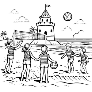 Strandspiel mit Freunden und Volleyball Ausmalvorlage für fröhliche Entdecker