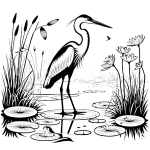 Eleganter Reiher im ruhigen Teich Ausmalbild für kleine Naturentdecker