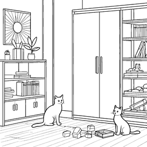 Katzenfreunde im gemütlichen Wohnraum Ausmalbild für kreative Wohnungsgestalter