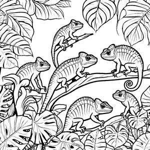 Fünf neugierige Chamäleons auf einem Ast Ausmalbild für kreative Naturforscher