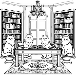 Vier elegante Perserkatzen in der Bibliothek Ausmalbild für wissbegierige Katzenfreunde