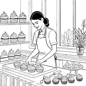 Leckere Cupcakes im bunten Backstudio Malvorlage für kleine Meisterbäcker