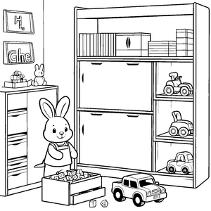 Hübscher Stauraum mit fröhlichem Hase Ausmalbild für kleine Ordnungsliebehaber