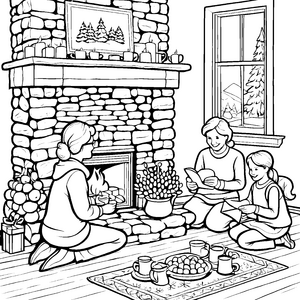 Bezauberndes Weihnachtsfest am Kamin Ausmalmotiv für fröhliche Familienkinder