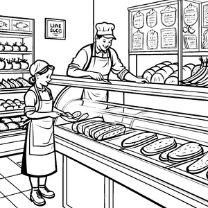 Bunte Wurst- und Käseauswahl in der Fleischerei Malvorlage für kleine Feinschmecker