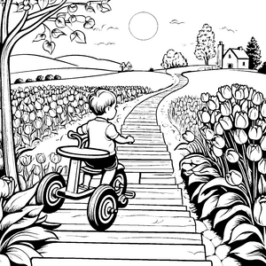 Bunt blühende Tulpen und neugieriger Dreiradfahrer Ausmalbild für abenteuerliche Entdecker