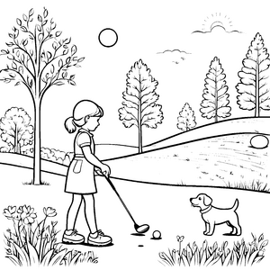 Kleines Mädchen beim Golfspiel Ausmalbild für abenteuerliche Golfkidz