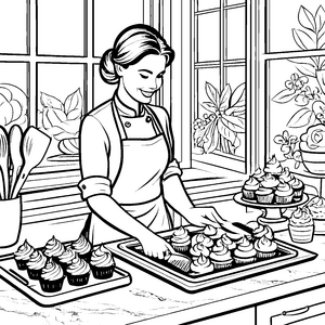 Verzauberte Konditorin beim Verzieren köstlicher Cupcakes Ausmalbild für kleine Meisterbäcker