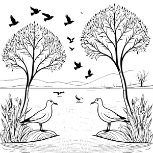 Zwei charmante Vögel am Seeufer Ausmalvorlage für kreative Naturliebhaber