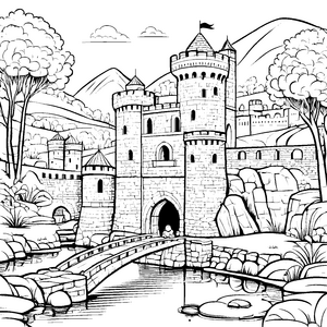 Mystische Burg mit schimmerndem Wasser Malvorlage für fantasievolle Geschichtenerzähler