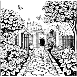 Bunter Gartenzaun mit blühenden Blumen Ausmalmotiv für kreative Naturfreunde